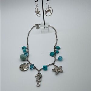 Silver and Blue Charm Necklace and Sterling Silver Dolphin EarringsSet